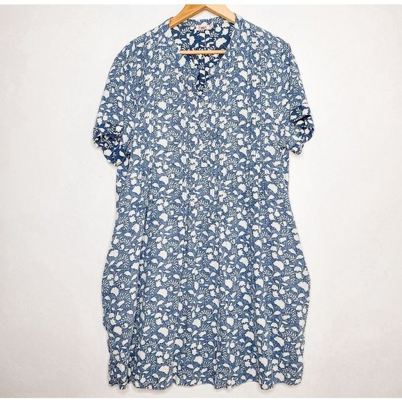 Faherty Dresses & Skirts - Faherty Indigo Echo Floral Blue Gemima Short Sleeve Linen Ecovero Dress Size XL